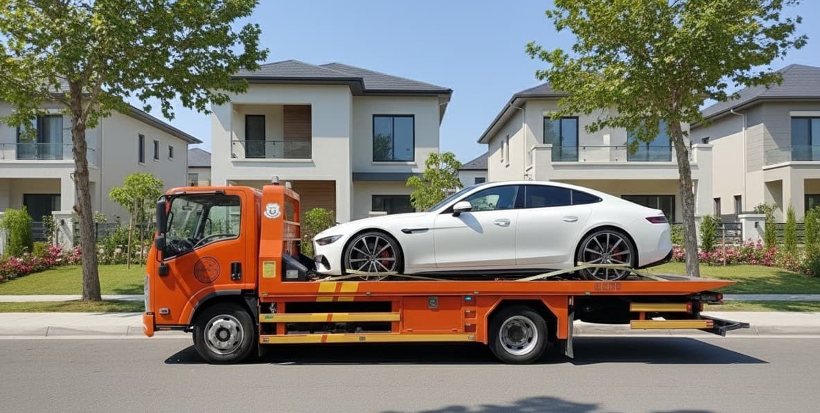 سطحة هيدروليك حمراء تنقل سيارة BMW فاخرة في الأحساء